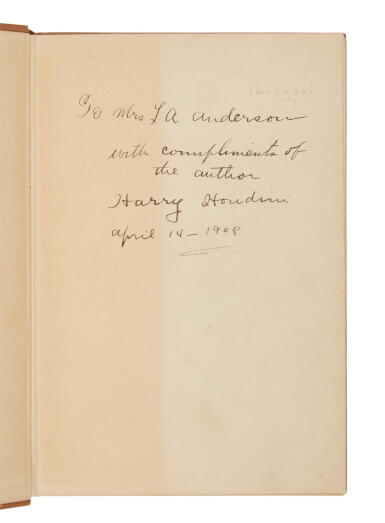 View full screen - View 1 of Lot 342. Houdini, Harry (Erik Weisz) | Presentation copy, inscribed to a fellow performer.