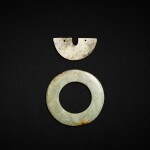 A jade disc, yuan, and a celadon jade pendant, huang, Neolithic period, probably Liangzhu culture | 新石器時代或良渚文化 玉瑗及玉璜