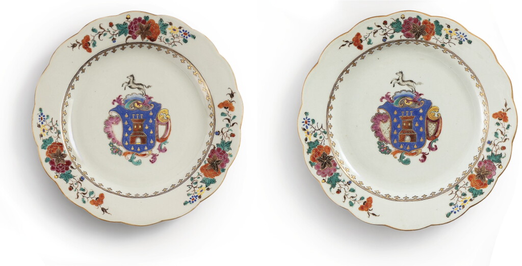 View full screen - View 1 of Lot 740. A PAIR CHINESE EXPORT ARMORIAL SCALLOPED-RIM PLATES, QING DYNASTY, QIANLONG PERIOD, 1750-60.