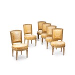 A suite of six Louis XVI giltwood chairs, stamped by Georges Jacob, the sculpture by Jean-Baptiste Rode, delivered for the Salon of the Count of Artois at the Bagatelle Pavilion in 1778 | Suite de six chaises, à dossier en éventail cintré, en noyer doré d'époque Louis XVI, la menuiserie par Georges Jacob, la sculpture par Jean-Baptiste Rode, livrées pour le Salon du comte d'Artois au pavillon de Bagatelle en 1778