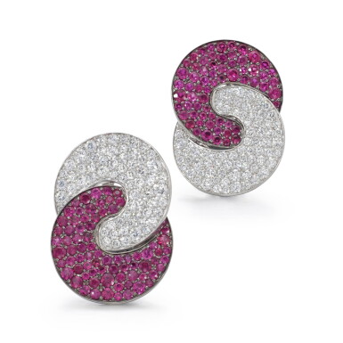 View full screen - View 1 of Lot 1143. Pair of ruby and diamond earrings.