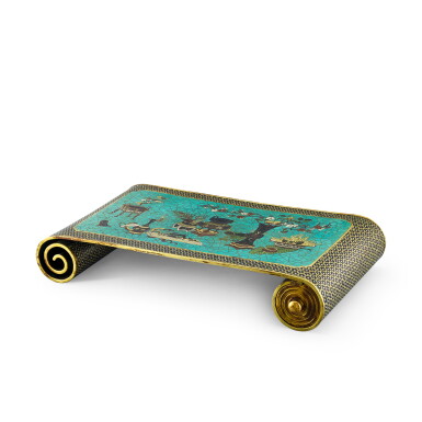View full screen - View 1 of Lot 414. A cloisonné enamel table stand Qing dynasty, Kangxi period | 清康熙 掐絲琺瑯博古清供圖書卷式几.