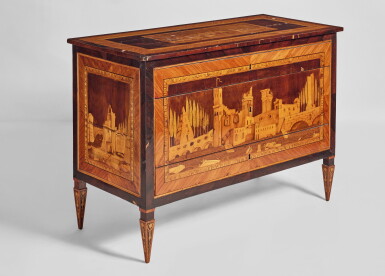 View full screen - View 1 of Lot 717. An Italian Neoclassical Kingwood, Tulipwood, Fruitwood and Scycomore and Marquetry Commode Attributed to the Circle of Maffezzoli, Cremona, Late 18th Century.