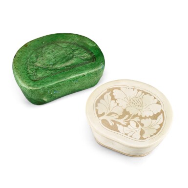 View full screen - View 1 of Lot 334. A Shanxi carved 'peony' pillow and a Henan green-glazed 'peony' pillow, Northern Song - Jin dynasty 北宋至金 山西白地剔牡丹紋腰形枕 及 河南綠釉劃牡丹紋腰形枕.
