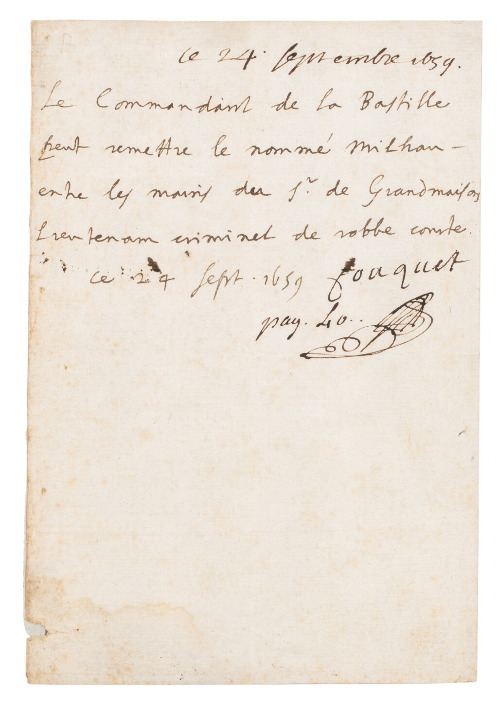View full screen - View 1 of Lot 8. Billet autogr. signé et paraphé d'une autre main. 24 sept. 1659. 1/2 p. in-8. Ordre de sortie d'un gazetier embastillé..