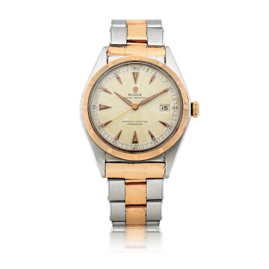 View full screen - View 1 of Lot 154. ROLEX | 'BUBBLEBACK' OYSTER PERPETUAL, REF 5031 STAINLESS STEEL AND PINK GOLD WRISTWATCH WITH DATE AND BRACELET CIRCA 1948.