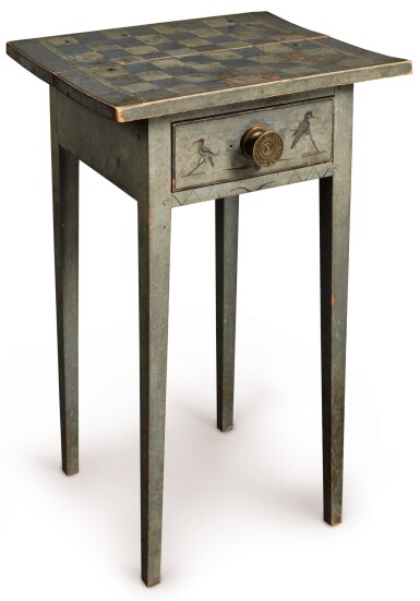 View full screen - View 1 of Lot 1438. VERY FINE FEDERAL BLUE PAINT-DECORATED PINE ONE-DRAWER STAND, NEW ENGLAND, CIRCA 1820.