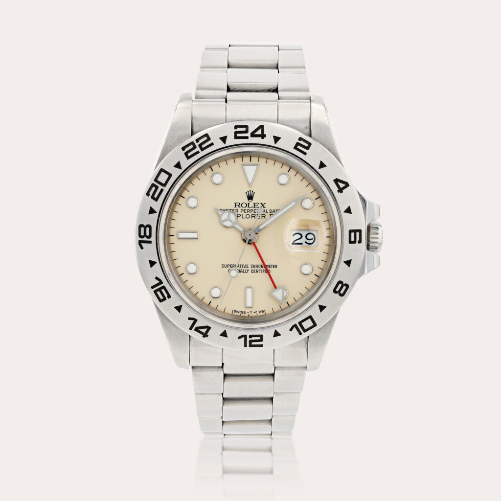 View full screen - View 1 of Lot 419. Explorer II 'cream rail dial', reference 16550 Montre bracelet en acier avec date | Stainless steel wristwatch with date and bracelet Vers 1987 | Circa 1987.