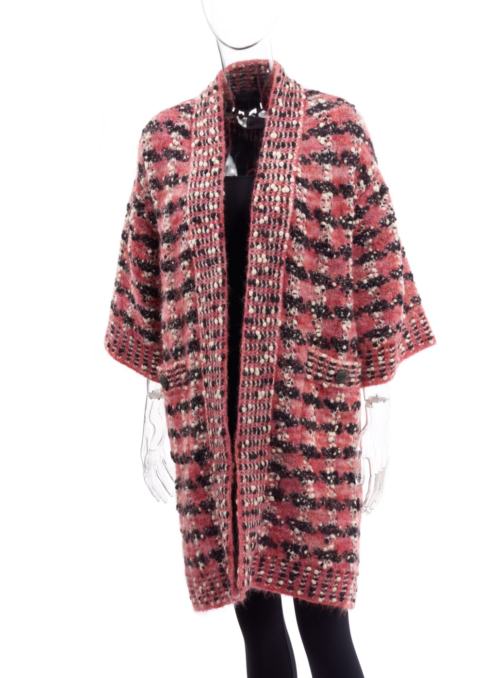 View full screen - View 1 of Lot 73. PINK, WHITE AND BLACK KNITTED WOOL-BLEND CARDIGAN JACKET, CHANEL.