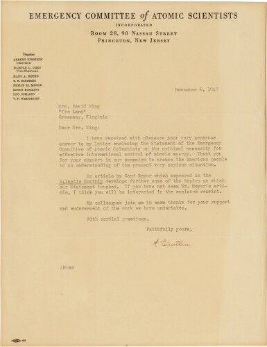 View full screen - View 1 of Lot 477. Einstein, Albert | Typed letter signed, on Emergency Committee of Atomic Scientists Stationery.