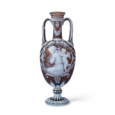 View full screen - View 1 of Lot 159. Cupid and Psyche: An Important Thomas Webb & Sons Cameo Two-Handled Vase by George Woodall, Circa 1889.