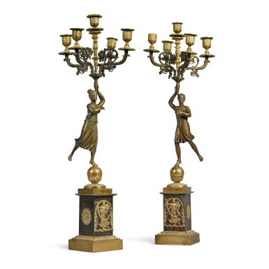 View full screen - View 1 of Lot 176. A Pair of Empire Gilt and Patinated Bronze Five-Light Candelabra, Circa 1815-20.