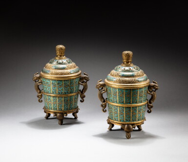 View full screen - View 1 of Lot 142. A pair of gilt-bronze and cloisonné enamel 'elephants and dragons' tripod incense burners Qing dynasty, Qianlong period | 清乾隆 掐絲琺琅花卉紋龍耳三象足蓋爐一對.