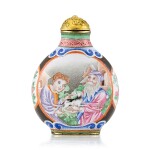 A Canton Enamel 'European Subject' Snuff Bottle Mark and Period of Qianlong | 清乾隆 銅胎廣東畫琺瑯西洋人物圖鼻煙壺 《乾隆年製》款