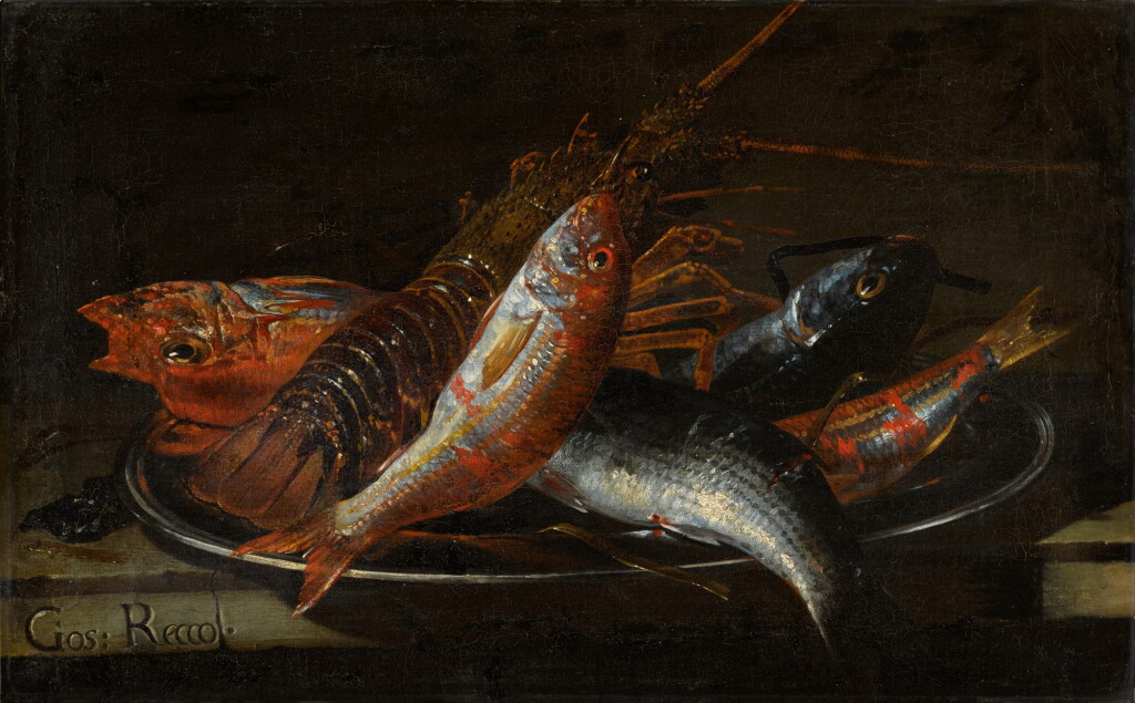 View full screen - View 1 of Lot 33. Still life of fish and a lobster on a platter, on a stone ledge.