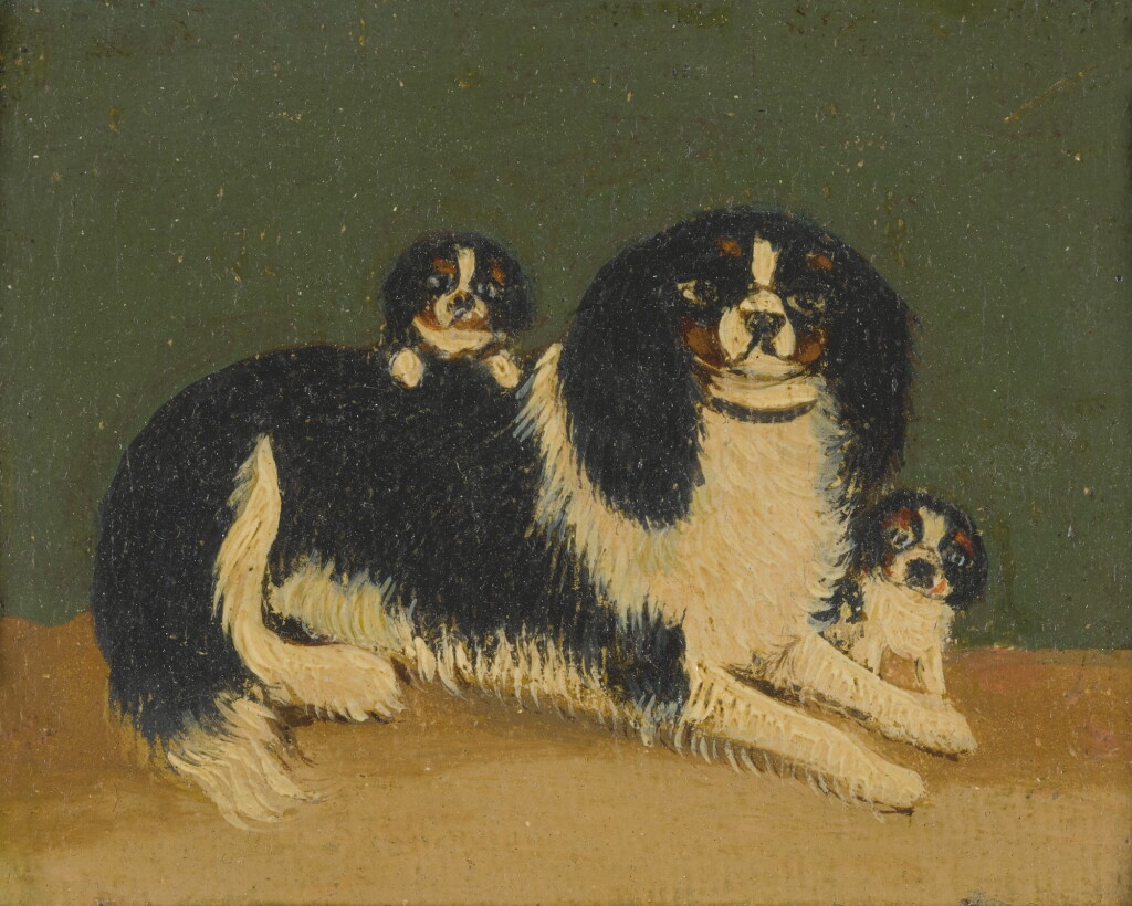 View full screen - View 1 of Lot 90. ENGLISH SCHOOL, 19TH CENTURY | CAVALIER KING CHARLES SPANIELS WITH PUPPIES: A PAIR OF PAINTINGS.