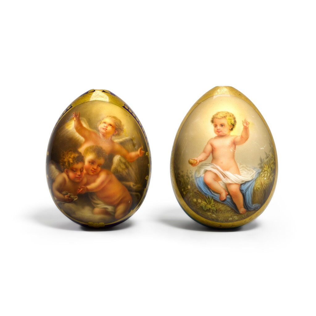 View full screen - View 1 of Lot 126. The Infant Christ: two porcelain Easter eggs, Imperial Porcelain Factory, St Petersburg, mid to late 19th century.