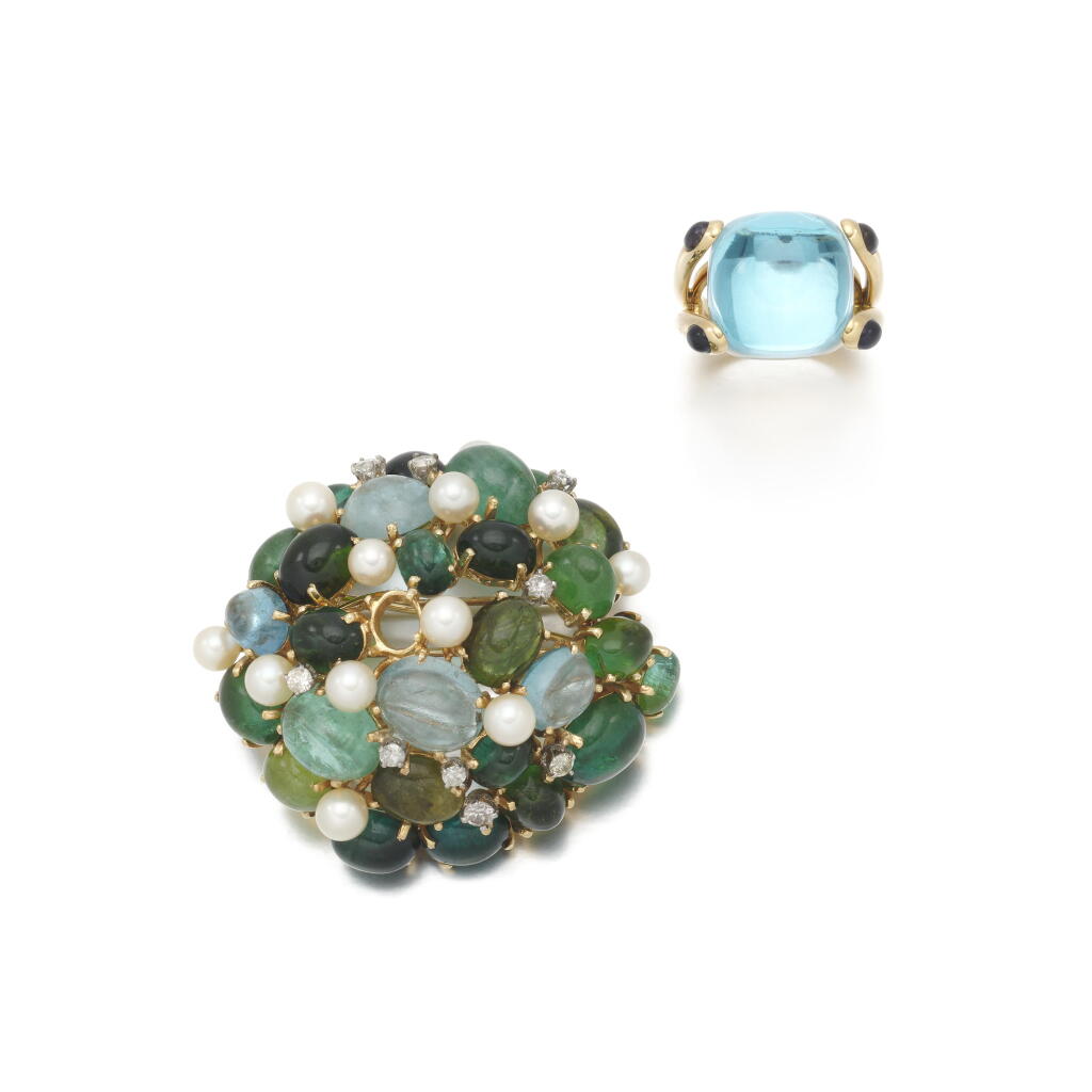 View full screen - View 1 of Lot 172. Verdura, topaz and amethyst ring and a pair of gem set brooches | (Anello in topazio ed ametiste, Verdura ed un paio di spille gem set).