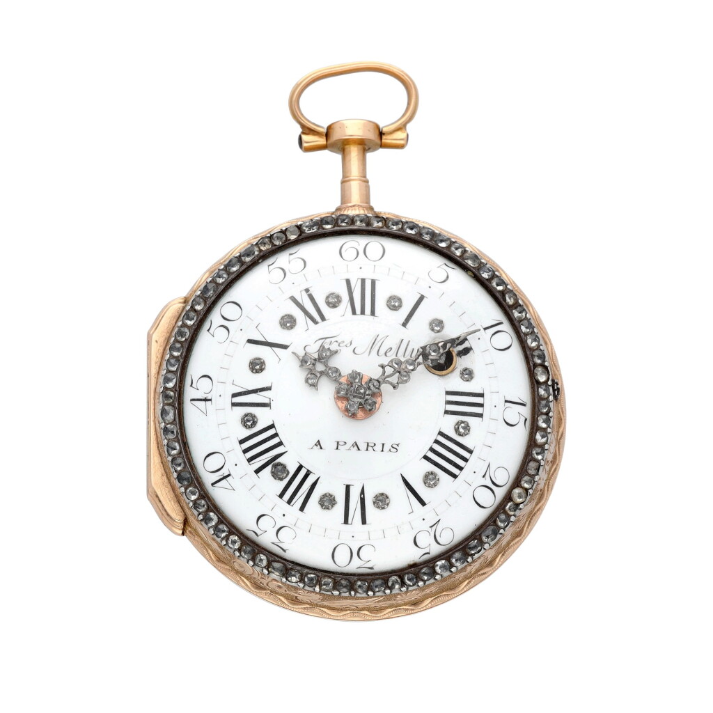 View full screen - View 1 of Lot 23. A diamond-set gold and enamel watch with skeletonized back, reputedlt presented to Napoleon Bonaparte when he passed out as an artillery officer in 1785, circa 1785 | Montre en or, diamants et email avec fond squelette, par réputation offerte à Napoléon Bonaparte à la fin de sa formation d'officier d'artillerie vers 1785.
