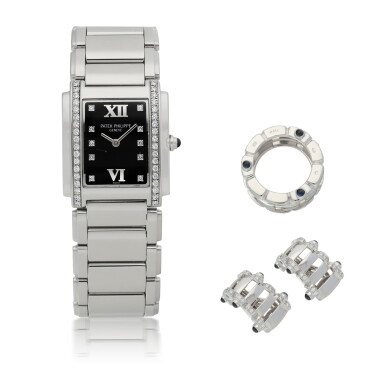 View full screen - View 1 of Lot 901. TWENTY~4, REF 4910/10A-001 STAINLESS STEEL AND DIAMOND-SET WRISTWATCH WITH BRACELET AND MATCHING WHITE GOLD DIAMOND AND SAPPHIRE-SET RING AND EAR CLIPS CIRCA 2000.