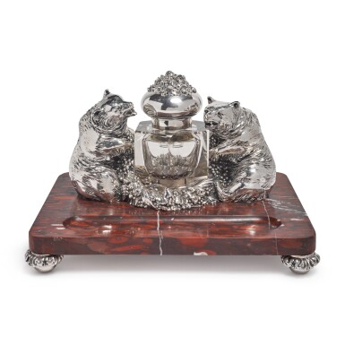 View full screen - View 1 of Lot 329. A GERMAN SILVER, HARDSTONE INKWELL, PROBABLY M.H. WILKENS & SÖHNE, BREMEN-HEMELINGEN, CIRCA 1900.