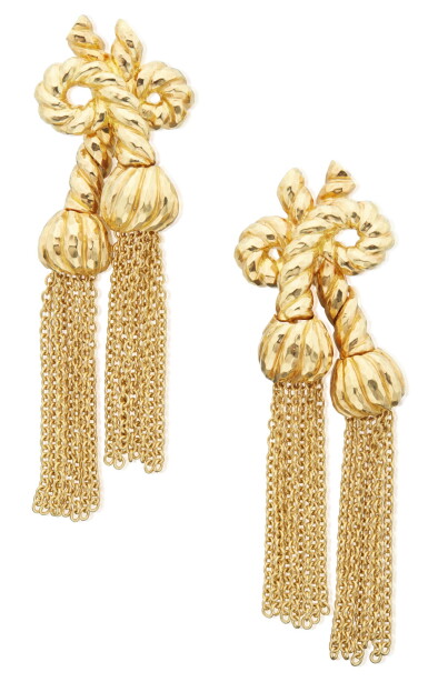 View full screen - View 1 of Lot 308. PAIR OF GOLD PENDANT-EARCLIPS, DAVID WEBB .