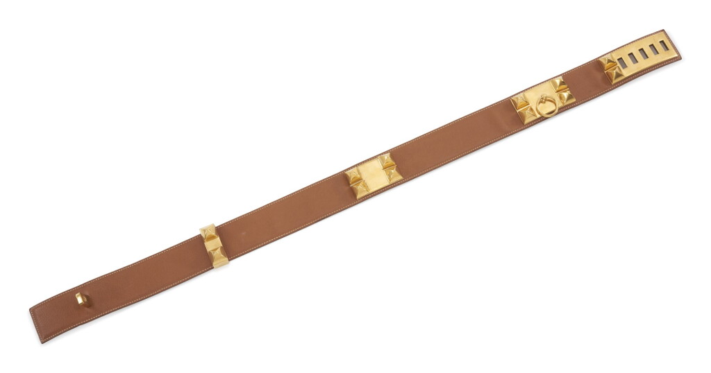 View full screen - View 1 of Lot 7. Leather and gold plated hardware belt, Collier de chien 75, Hermès, 1995.