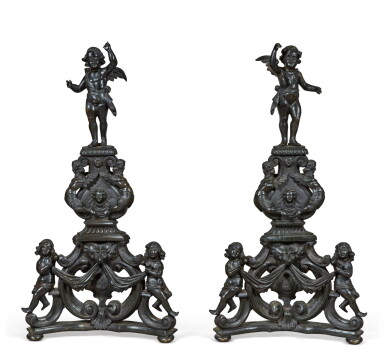 View full screen - View 1 of Lot 67. A PAIR OF ITALIAN LARGESCALE BRONZE ANDIRONS, IN THE MANNER OF NICCOLO ROCCATAGLIATA, VENICE, CIRCA 1890.