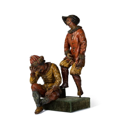 View full screen - View 1 of Lot 53. Two Venetian Polychrome Lacquered and Carved Wood Figures of Male Musicians, Mid-18th Century.