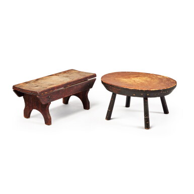 View full screen - View 1 of Lot 99. American Black Painted Oval-Top Windsor 'Cricket' Footstool, Early 19th Century.