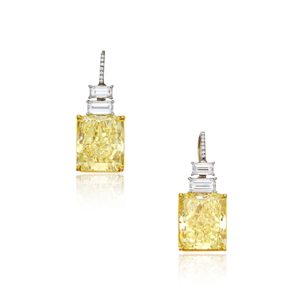View full screen - View 1 of Lot 57. Pair of Fancy Yellow Diamond and Diamond Earrings.