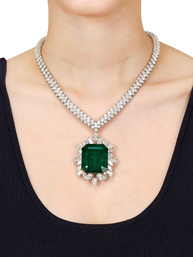 View full screen - View 1 of Lot 1837. Emerald and Diamond Pendent Necklace, Necklace by Van Cleef & Arpels | 梵克雅寶鑽石項鏈 配 83.21克拉「哥倫比亞」祖母綠 及 鑽石 掛墜.