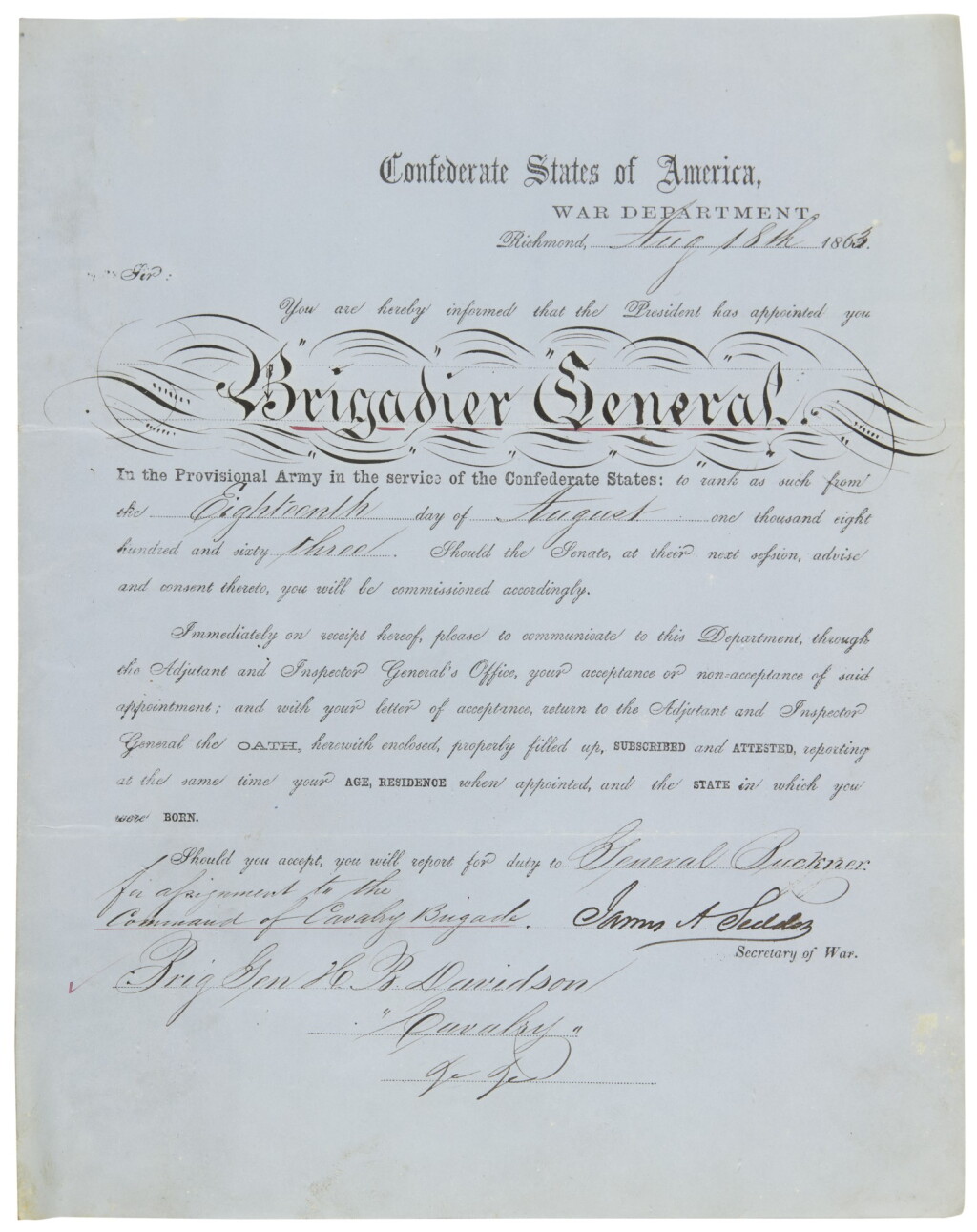 View full screen - View 1 of Lot 2180. Collection of Confederate correspondence relating to Colonel Henry Brevard Davidson.