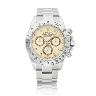 View full screen - View 1 of Lot 2244. Cosmograph Daytona, Reference 116520 | A stainless steel chronograph wristwatch with cream dial and bracelet, Circa 2000 | 勞力士 | Cosmograph Daytona 型號116520 | 精鋼計時鏈帶腕錶,備忌廉色錶盤,約2000年製.