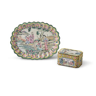 View full screen - View 1 of Lot 953. A Canton enamel 'figural' lobed tray and a rectangular box and cover, Qing dynasty, 19th century | 清十九世紀 銅胎畫琺瑯人物圖花式盤及蓋盒一組兩件.
