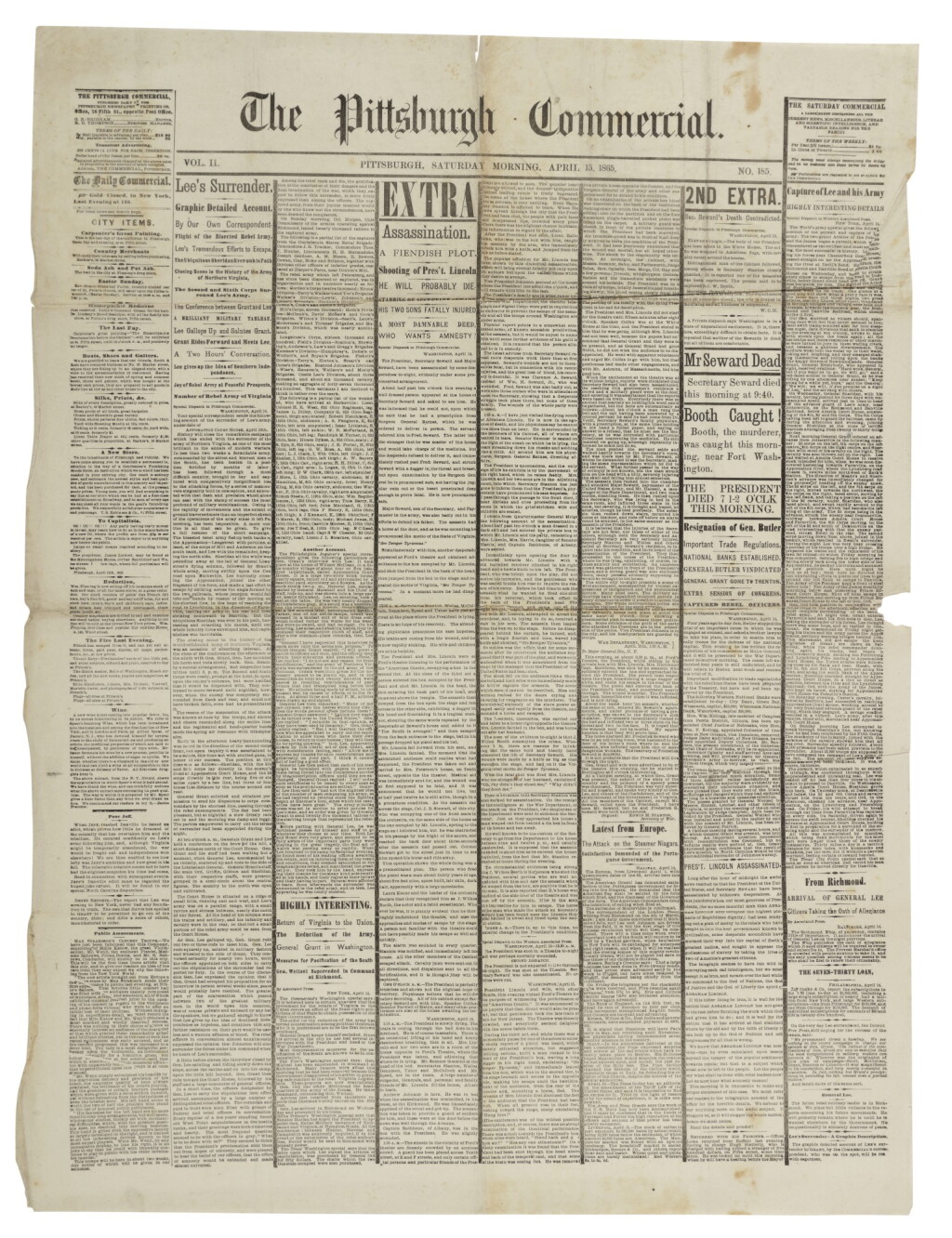 View full screen - View 1 of Lot 67. (LINCOLN, ABRAHAM) | Broadside report of President Lincoln's Assassination, with other news and rumors about the plot and the end of the Civil War, in The Pittsburgh Commercial, Vol. II, No. 185. Pittsburgh: Brigham & Thompson, Saturday morning, April 15, 1865.