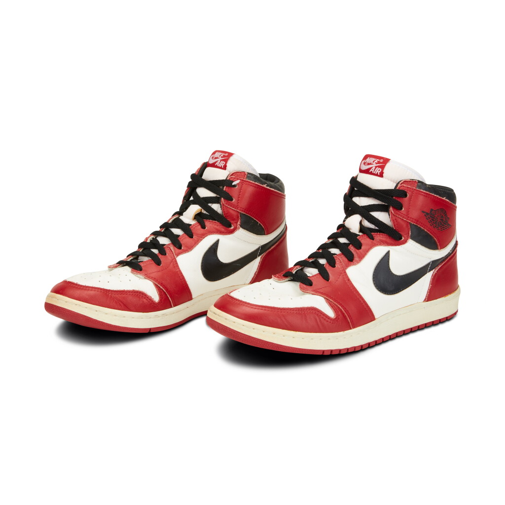View full screen - View 1 of Lot 803. Michael Jordan Game Worn 1985 Player Sample Air Jordan 1s | Sizes 13, 13.5.