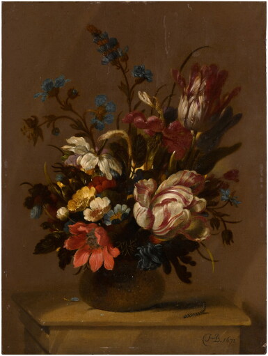 View full screen - View 1 of Lot 142. Still life with tulips, anemones and other flowers in a vase, on a stone ledge.