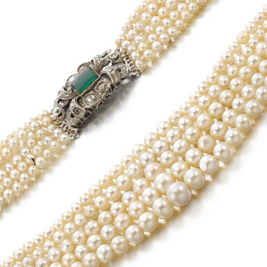 View full screen - View 1 of Lot 268. Natural and cultured pearl, chrysoprase and diamond necklace.