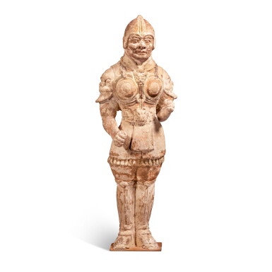 View full screen - View 1 of Lot 750. A painted pottery figure of a guardian, Tang dynasty | 唐 陶加彩天王立俑.
