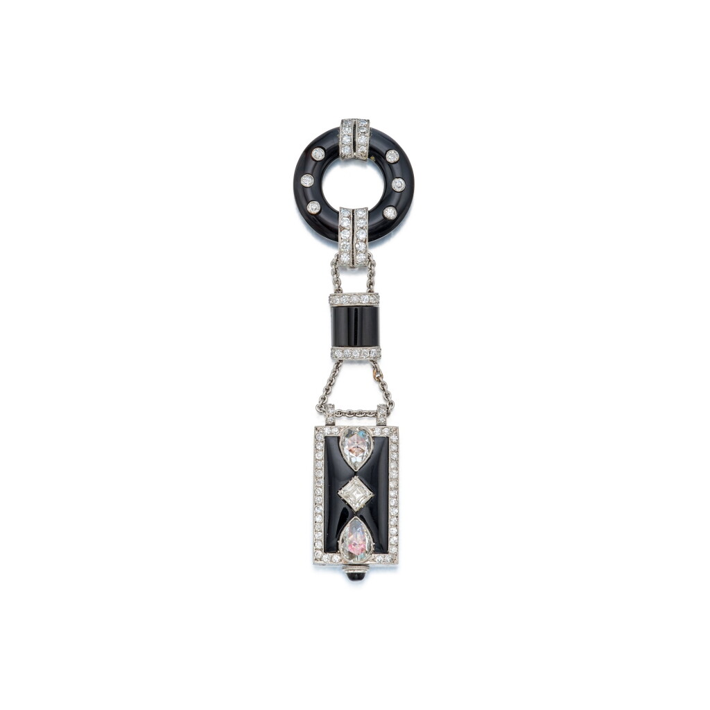 View full screen - View 1 of Lot 59. Onyx, Enamel and Diamond Lapel-Watch, France.