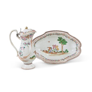 View full screen - View 1 of Lot 731. A Rare Chinese Export 'European Subject' Ewer, Cover and Basin, Qing Dynasty, Qianlong Period, circa 1775.