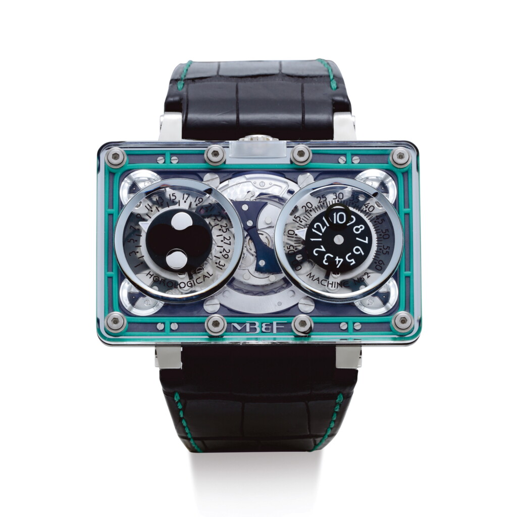 View full screen - View 1 of Lot 2301. MB&F | HOROLOGICAL MACHINE N°2, REFERENCE 20.DSTBL.B A LIMITED EDITION PVD-COATED TITANIUM AND SAPPHIRE CRYSTAL SEMI-SKELETONISED JUMPING HOUR WRISTWATCH WITH RETROGRADE DATE AND MOON PHASES, CIRCA 2015 | "Horological Machine N°2 型號20.DSTBL.B 限量版PVD塗層鈦金屬及藍寶石面半鏤空跳時腕錶,備逆跳日期及月相顯示,錶殼編號A140212,約2015年製".