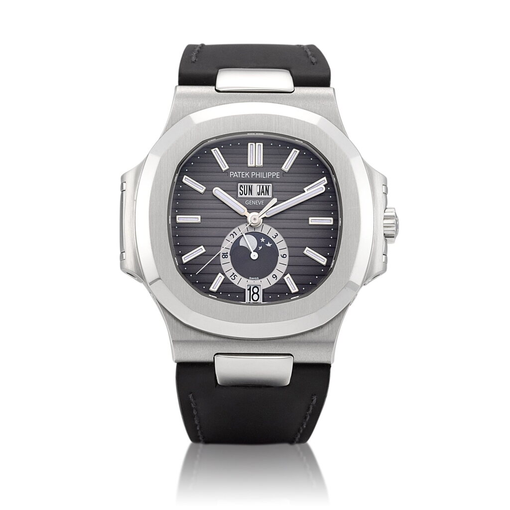 View full screen - View 1 of Lot 8006. Nautilus, Reference 5726 | A stainless steel annual calendar wristwatch with moon phases and 24 hours indication, Circa 2010 | 百達翡麗 | Nautilus |型號5726 | 精鋼年曆腕錶,備月相及24小時顯示,約2010年製.
