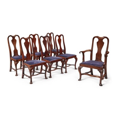 View full screen - View 1 of Lot 286. Fine and Rare Assembled Set of Seven Queen Anne Walnut Dining Chairs, Philadelphia, Pennsylvania, Circa 1750.