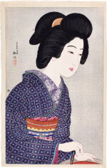 Takahashi Shotei (Hiroaki, 1871-1945) | Geisha sitting by a brazier | Taisho period, early 20th century