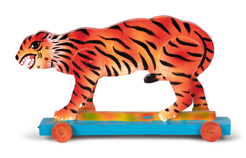 View full screen - View 1 of Lot 1127. CARVED AND HAND-PAINTED 20th CENTURY INDIAN WOODEN TIGER PULL-TOY.