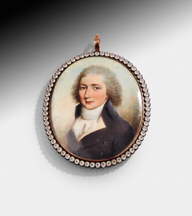 View full screen - View 1 of Lot 218. Portrait of a man, oval miniature on ivory, Thomas Hazlehurst, England, circa 1790 | Portrait d'homme, miniature ovale sur ivoire par Thomas Hazlehurst, Angleterre, vers 1790.