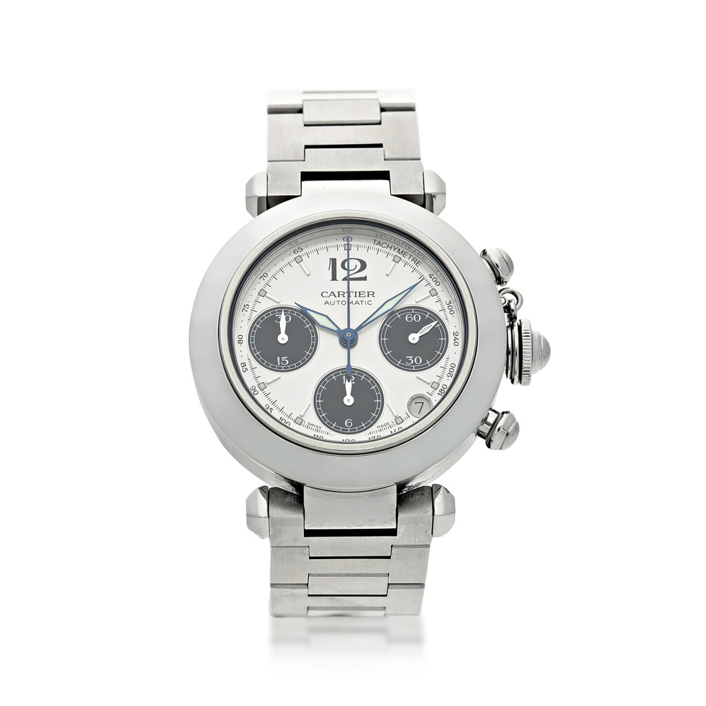 View full screen - View 1 of Lot 57. CARTIER | REFERENCE 2412 PASHA A STAINLESS STEEL AUTOMATIC CHRONOGRAPH WRISTWATCH WITH BRACELET, CIRCA 2005.