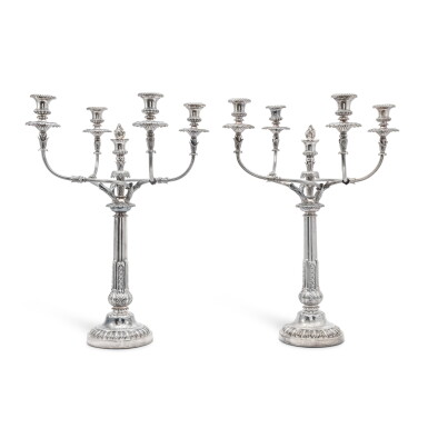 View full screen - View 1 of Lot 175. A Pair of Monumental George III Silver Five-Light Candelabra, Matthew Boulton & Plate Co., Birmingham, 1808.